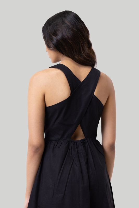 Cross-back Midi Dress in Black 100% Organic Cotton