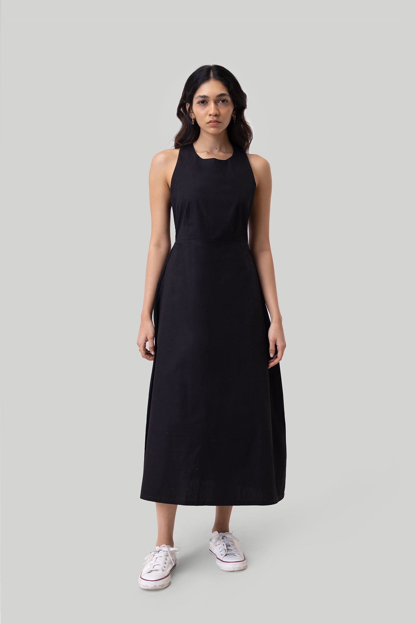 Cross-back Midi Dress in Black 100% Organic Cotton